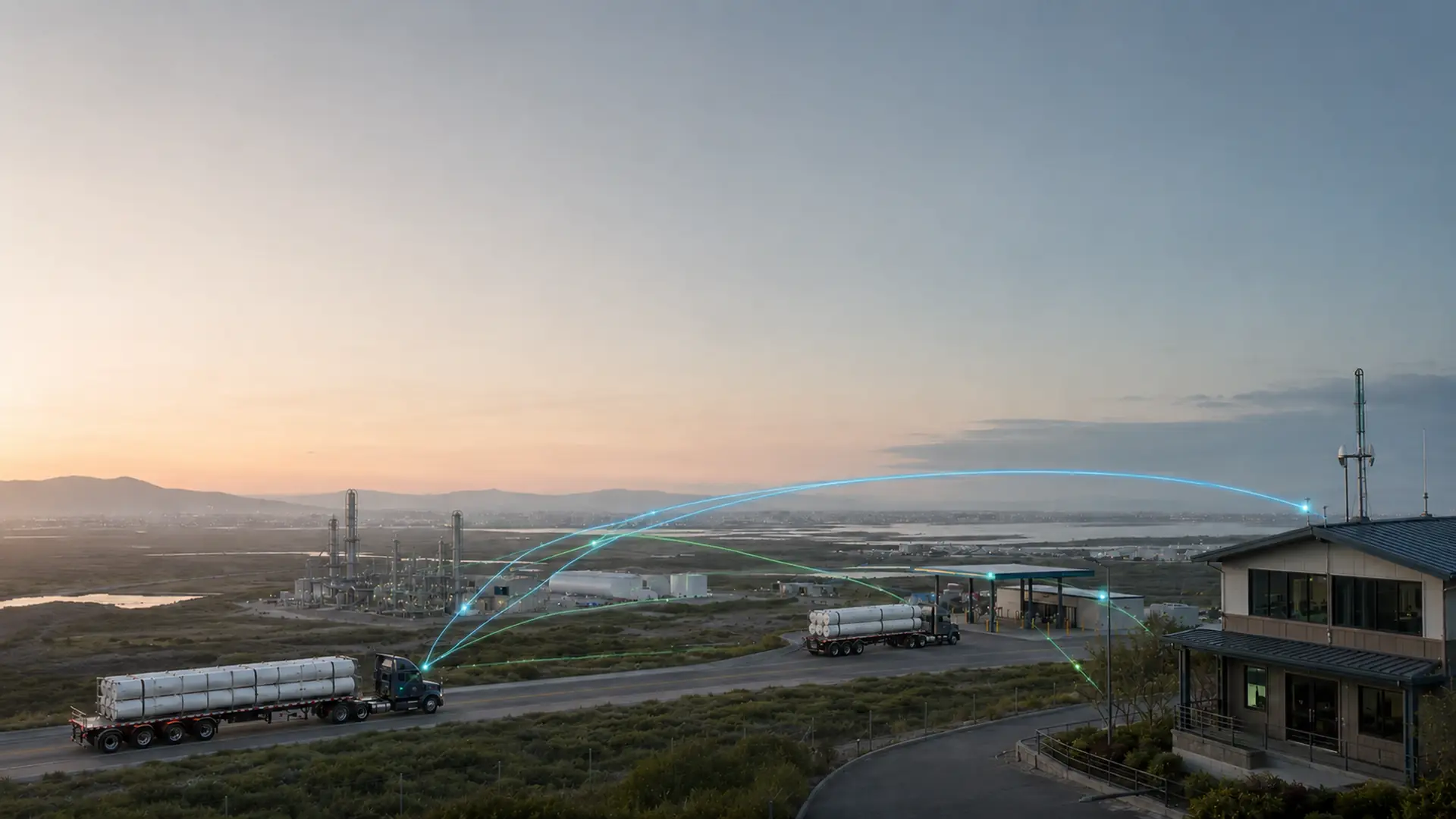 Tube trailers on a road below a hydrogen plant at dusk, joined to a fueling station by arcs of light