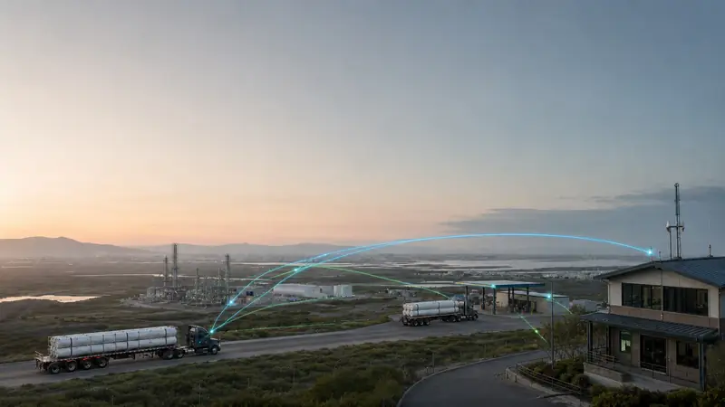 Tube trailers on a road below a hydrogen plant at dusk, joined to a station by lines of light