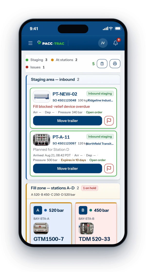 The yard board on a phone: trailers in inbound staging and the fill stations, with a Move trailer button on each card